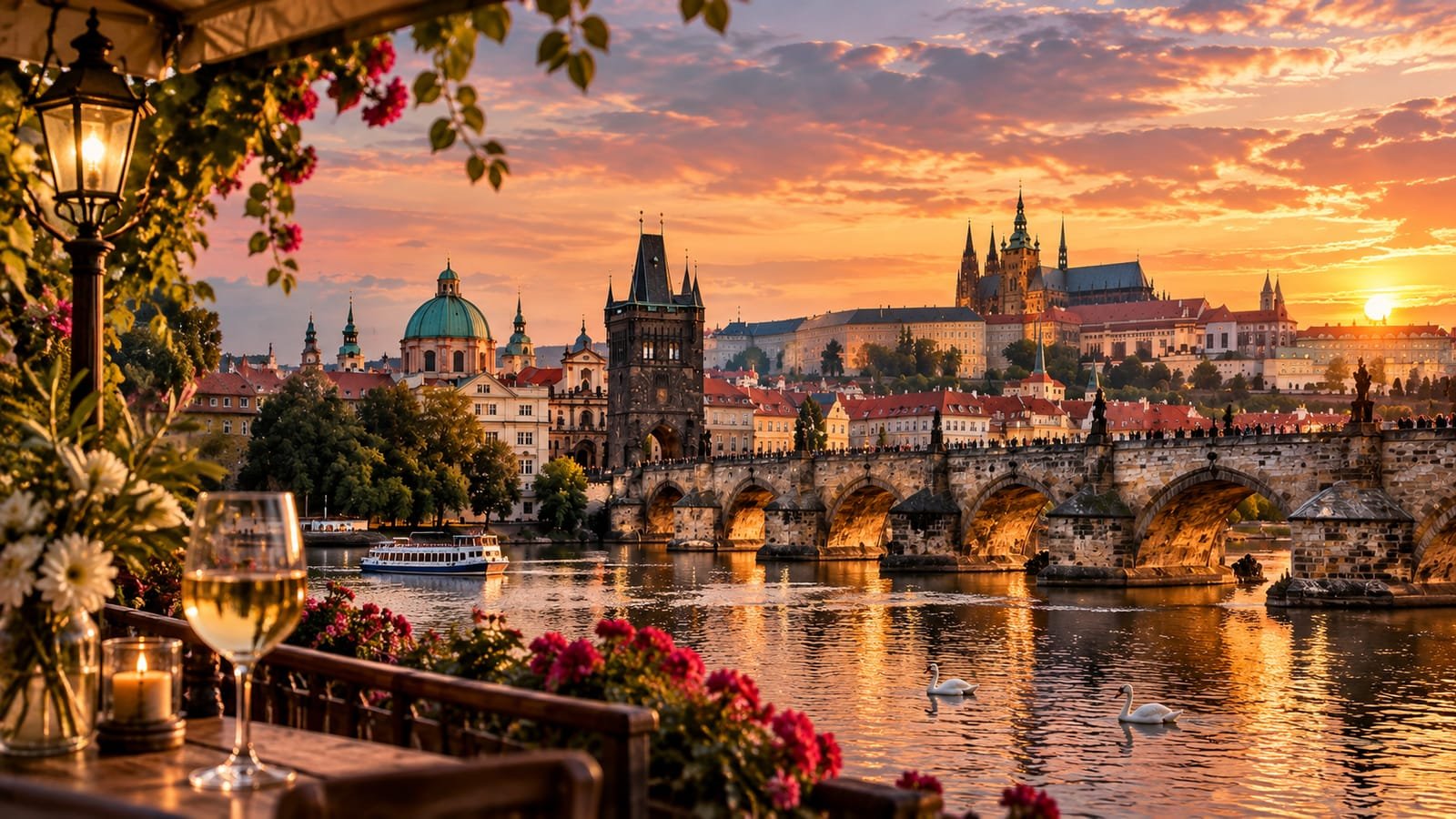 Prague at sunset from a riverside terrace: Charles Bridge, the Old Town Bridge Tower and Prague Castle with St. Vitus Cathedral above the Vltava