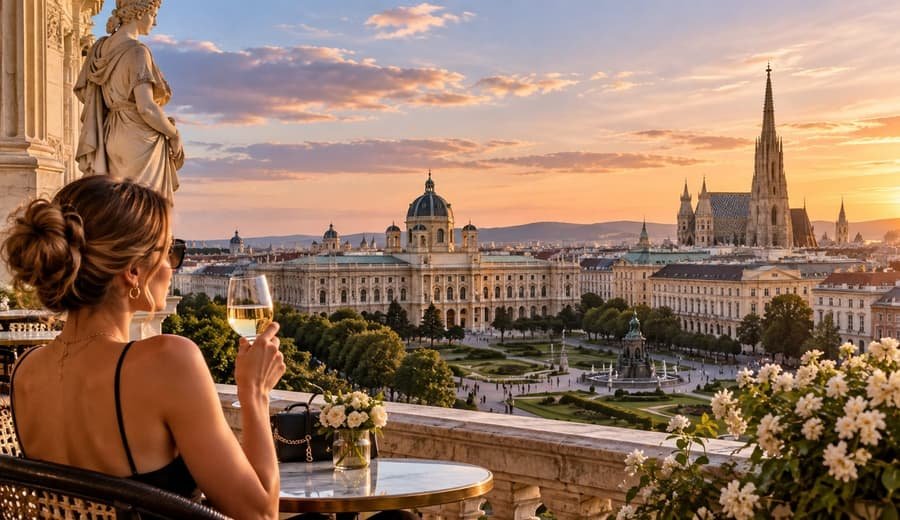 Vienna at golden hour: the Natural History Museum dome and St. Stephen's Cathedral