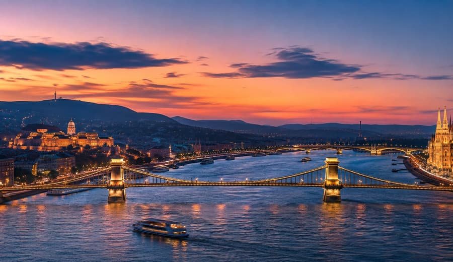 Budapest at dusk: the Chain Bridge and Buda Castle over the Danube